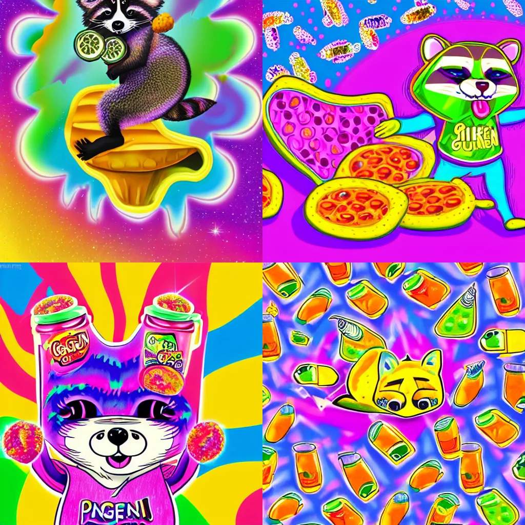 Prompt: Lisa Frank illustration of a Raccoon throwing gherkins around, angry about gherkins, 4k, high detail