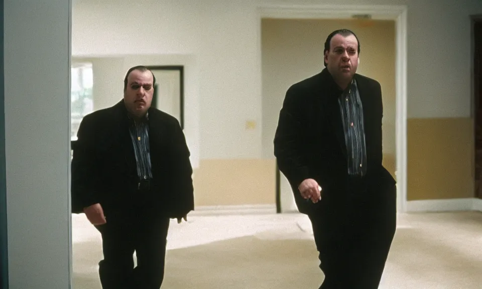 Prompt: still image of tony soprano running through the backrooms with a frightened look on his face, close up, wide angle, unsettling, offputting, cinestill 8 0 0 t