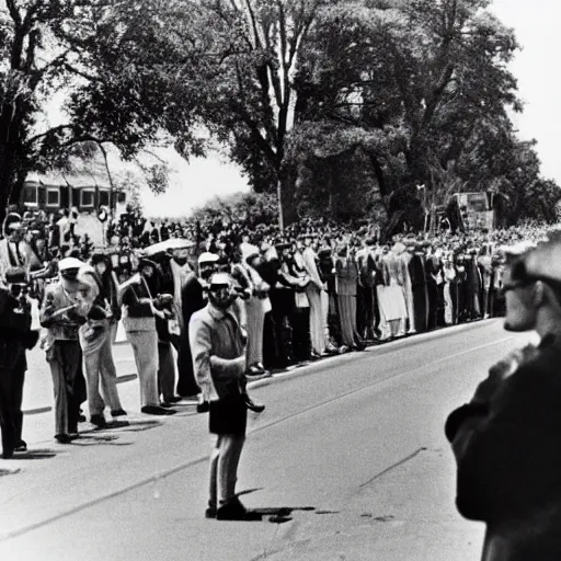 Image similar to crowd of people with guns stand at the roadside watching jfk motorcade, photo, filmic, 1960s, black and white