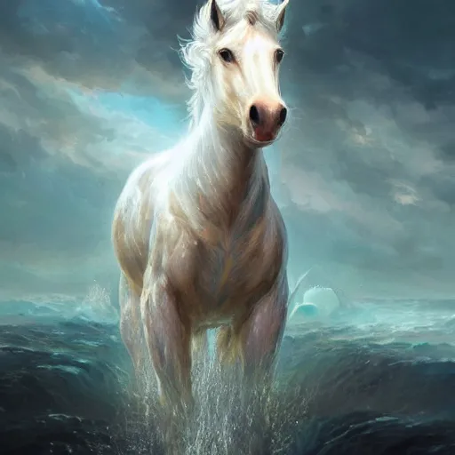 Image similar to a fantastical small horse made of water, liquid, fluid and foam, ethereal, noble, radiant, hyperalism, scottish folklore, digital painting, artstation, concept art, smooth, 8 k frostbite 3 engine, ultra detailed, art by artgerm and greg rutkowski and magali villeneuve