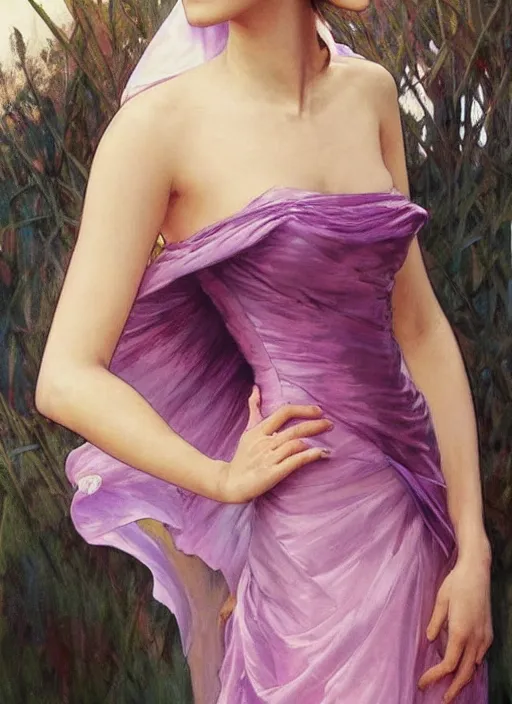Image similar to emma watson wearing revealing pink and purple silk dress with flounces. beautiful detailed face. by artgerm and greg rutkowski and alphonse mucha