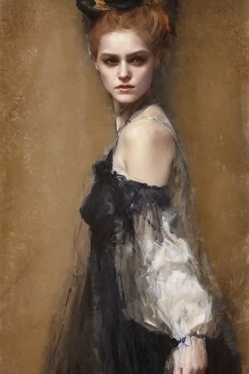 Image similar to Solomon Joseph Solomon and Richard Schmid and Jeremy Lipking victorian genre painting full length portrait painting of a young beautiful woman medieval witch