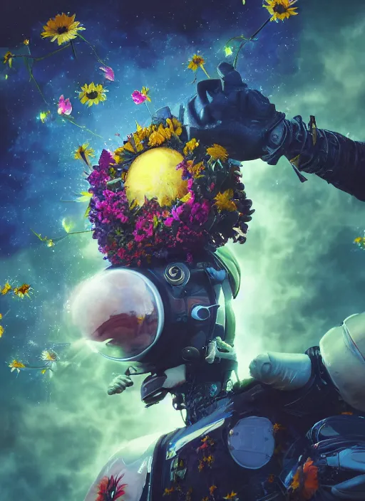 Image similar to An epic fantastic realism comic book style painting of the most beautiful flowers launched into space, bouquets, solar eclipse, fisheye, unreal 5, DAZ, hyperrealistic, octane render, dynamic lighting