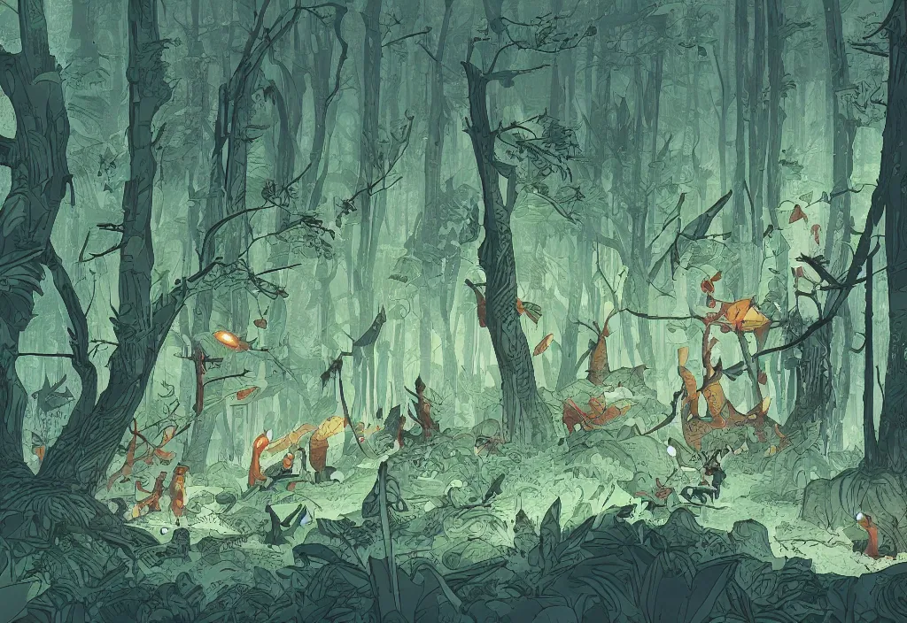 Prompt: handmade illustration of a big forest, line art, ink, RobinHood and his crew among the trees, watercolor by Kilian Eng and by Jake Parker, winning-award masterpiece, fantastic, octane render, 8K HD Resolution, High quality image