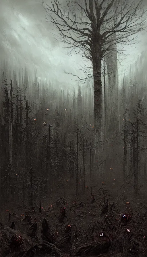 Prompt: a storm vortex made of many demonic eyes and teeth over a forest, by jakub rozalski