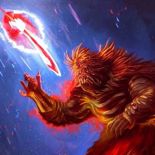 Image similar to Highly detailed oil painting, concept art, of a wizard casting a fireball spell, fighting against a huge ice giant, red and blue color scheme, concept art, highly detailed.