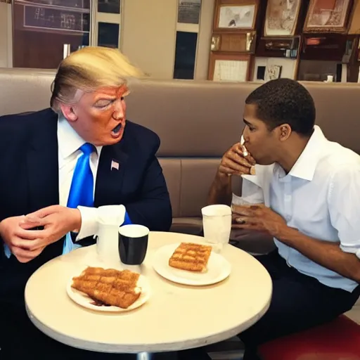 Image similar to photograph of trump and Biden sitting and eating breakfast at a Wafflehouse