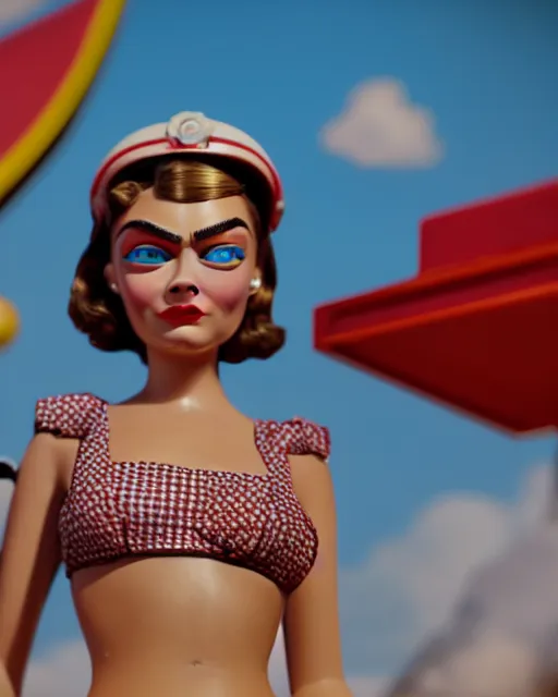Image similar to highly detailed closeup, face profile portrait of a tin toy retro 1 9 5 0 s cara delevingne, bikini, unreal engine, max fleischer, global illumination, detailed and intricate environment