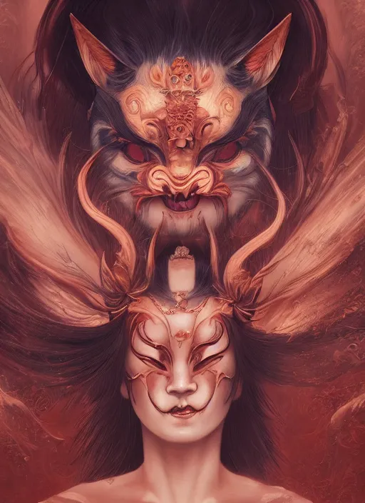 Image similar to a beautiful detailed oil on copper art illustration of a japanese kitsune hannya mask devil woman, centered, by charlie bowater, zeng fanzh, trending on artstation, dim dusk lighting, cinematic lighting, detailed lighting, volumetric lighting, realistic, f 8, 4 k hd wallpaper