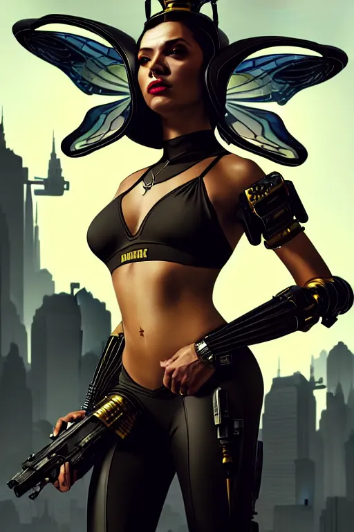 Image similar to gta 5 queen bee profile picture by greg rutkowski, cybernetic wings, dynamic pose, intricate, futuristic, fantasy, elegant, by stanley artgerm lau, greg rutkowski, thomas kindkade, alphonse mucha, loish, norman rockwell, fantasy lut, asymmetric, long hair, retro computer graphics, video game, fluid lines,