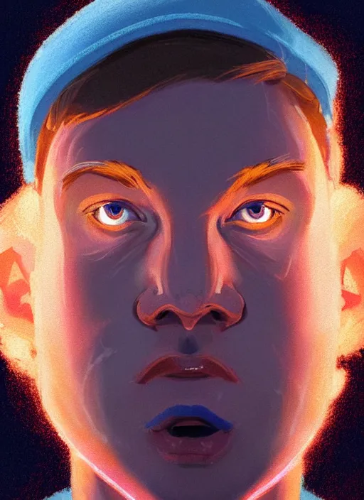 Image similar to portrait of high school senior boy named big moose, blonde short hair, jock, beefy, wide face, square jaw, square facial structure, blue varsity jacket with letter r, intricate, elegant, glowing lights, highly detailed, digital painting, artstation, concept art, sharp focus, illustration, art by wlop, mars ravelo and greg rutkowski