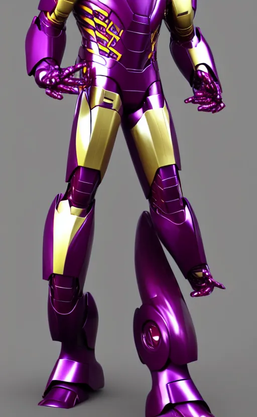 Image similar to iron man's suit but the color scheme is royal purple and gold, octane render, photorealistic, realistic shading, cinematic, detailed textures