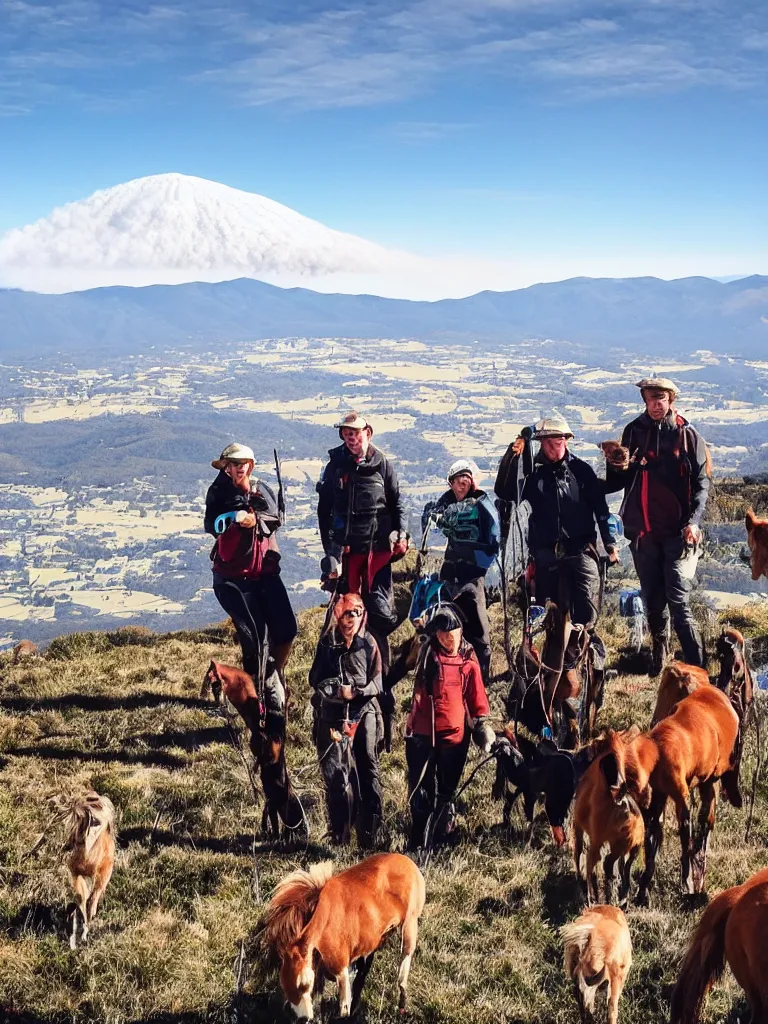 Prompt: the saalfield clan on top of mt bogong snow capped and on fire and light with a sound cloud above with horses, dogs coming out of it somewhere