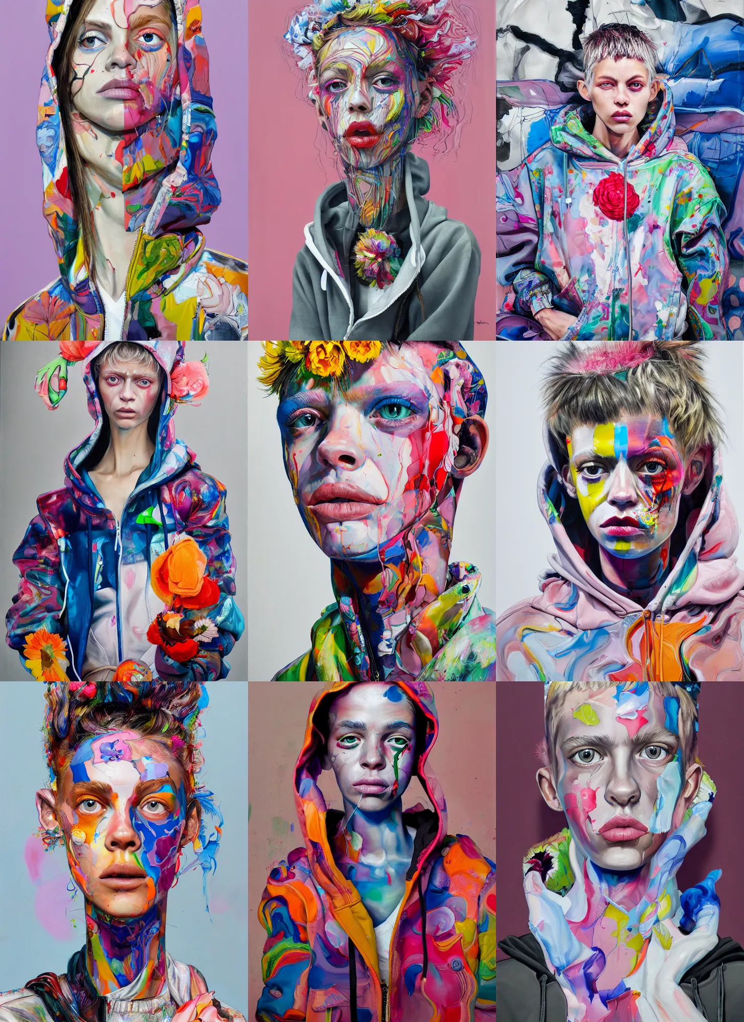 Prompt: painting by martine johanna of kaia jordan gerber wearing a hoodie standing in a township street in the style of jenny saville, street fashion outfit, haute couture fashion shoot, full figure painting by david choe and ryan hewett, decorative flowers, 2 4 mm, die antwoord yolandi visser