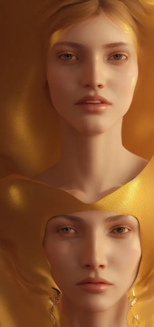 Image similar to beautiful woman, centered painted portret, golden white atmosphere, insanely mystical, hyper realistic, extremely detailed, concept art, trending on artstation, atmospheric, 8 k, octane render, unreal engine