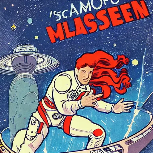 Image similar to a man with red hair, floating in space. he is an astronaut, wearing a space suit. he is fixing his space rocket. well composed, clean elegant painting, beautiful detailed face. retro comic book art by steve ditko and jack kirby and ( alphonse mucha )