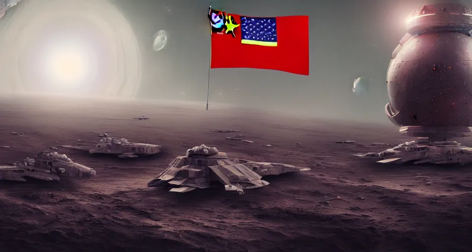 Image similar to space war between china and usa, desaturated, moebius, china flag, usa flag, complementing colors, maschinen krieger, beeple, film, atmospheric perspective