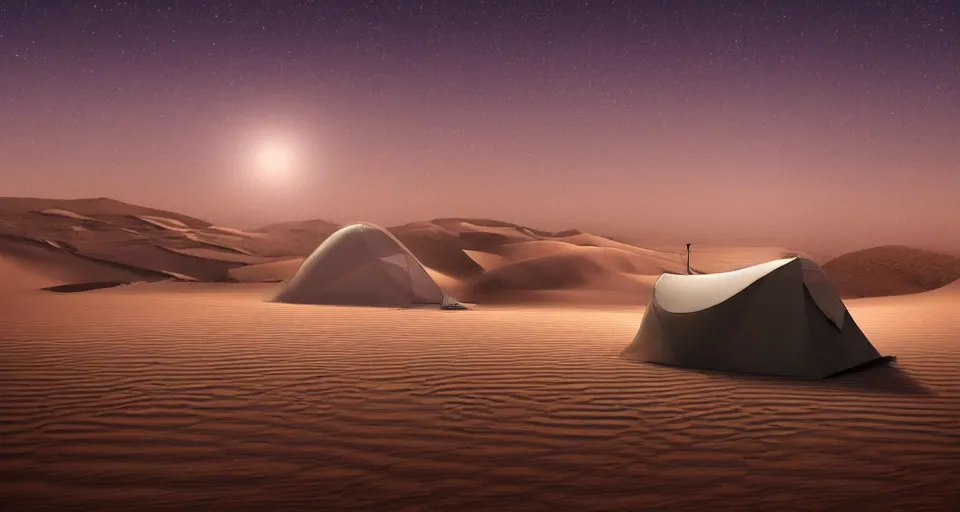 Image similar to hyper realistic matte painting of a small tent in the desert with dunes at midnight, dark color scheme, artstation