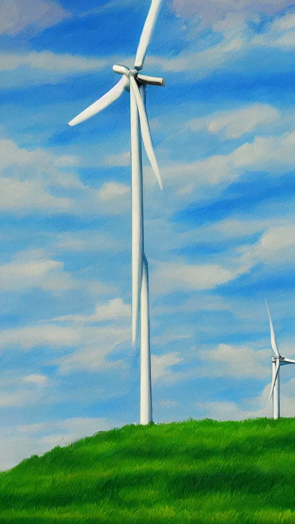 Image similar to a wind turbine, blue sky, sunshine,green land, highly detailed, digital painting