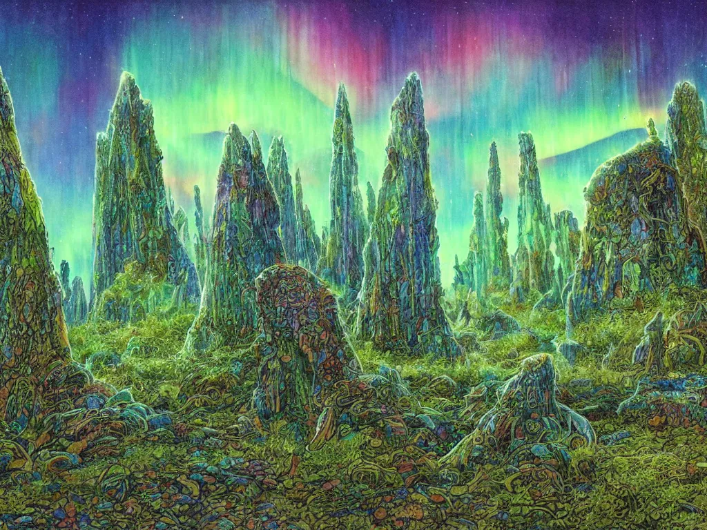 Image similar to an epic concept art, intricate coral, fungal gems, iridescent crystal monoliths, obelisks and an aurora borealis, mossy stumps, cell shading, by moebius, hiroshi yoshida, druillet, colorful, vivid colors