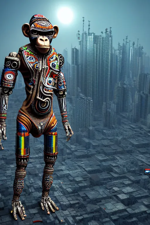 Image similar to high quality 3 d render cyborg! man monkey hybrid madhubani, highly detailed, cyberpunk!! mumbai in the background, unreal engine cinematic smooth, szukalski ravi varma, moody light, low angle, uhd 8 k, sharp focus