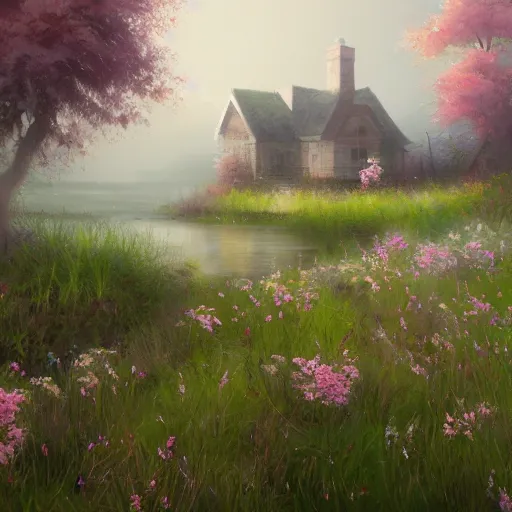 Prompt: a matte painting of a prairie, cottage close up, river, foggy, patchy flowers, oil painting, pale colors, high detail, 8 k, wide angle, trending on artstation,
