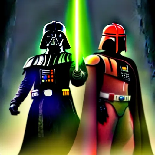 Image similar to darth vader and boba fett standing proudly shoulder to shoulder ultra realistic, lens flare, atmosphere, glow, detailed, intricate, full of colour, cinematic lighting, trending on artstation, 4 k, hyperrealistic, focused, extreme details, unreal engine 5, cinematic, masterpiece, ultra realistic, hyper realistic, highly detailed, sharp focus, digital art