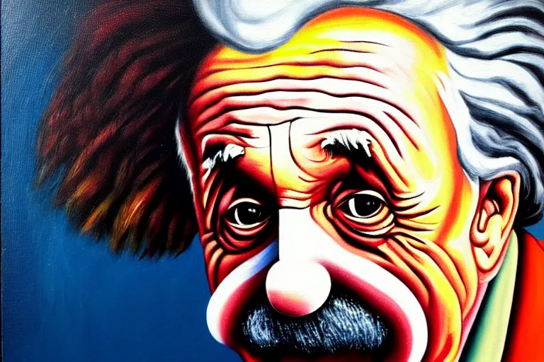 Image similar to Einstein as a clean-shaven sad hobo clown. head shot portrait. oil painting by emmett kelly.