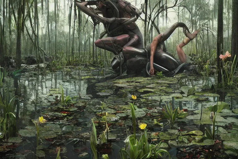 Image similar to hyperrealism, scene from louisiana swamps, starship, spring blooming flowers garden, true detective, 8 0 s japanese sci - fi books art