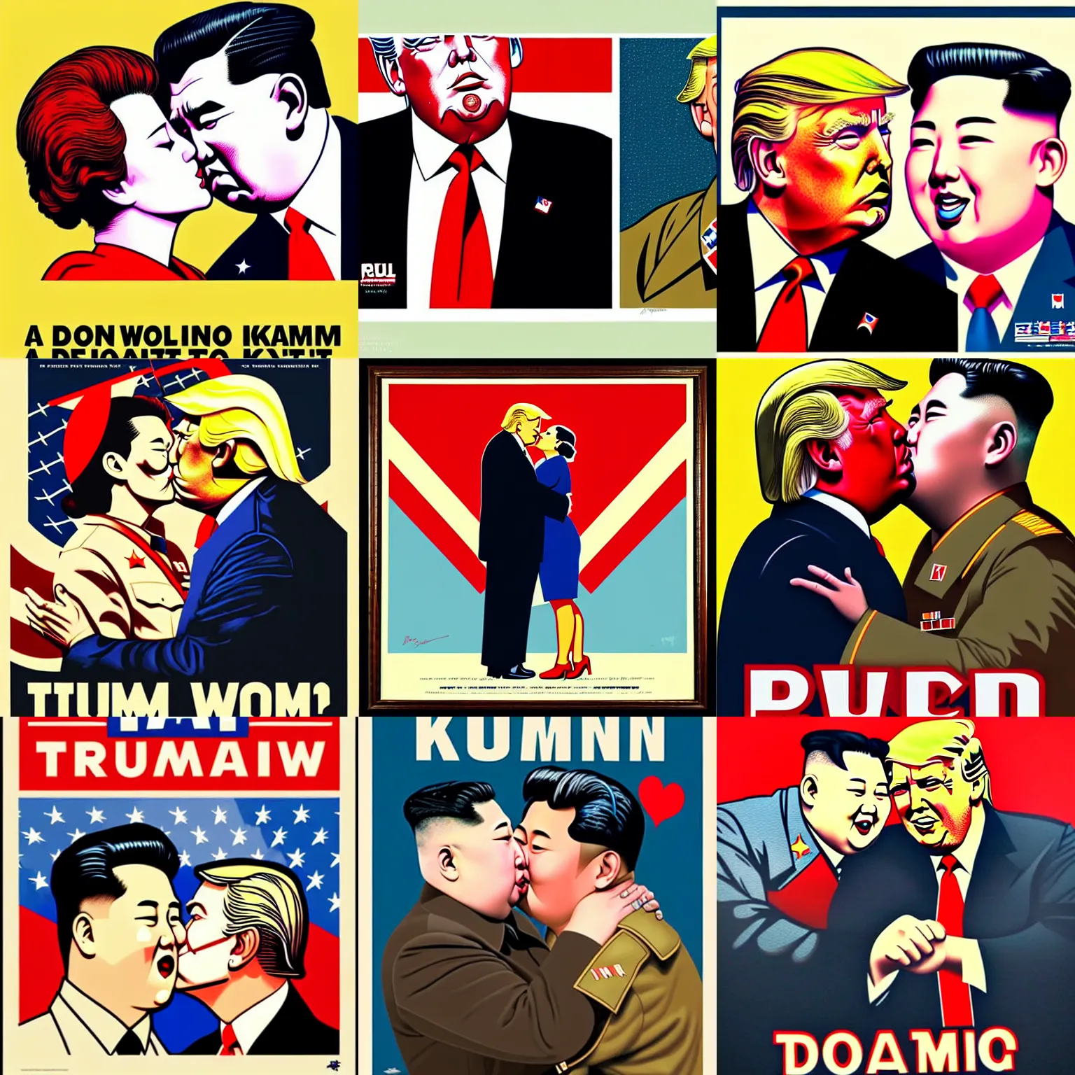 Prompt: a wwii us propaganda portrait of kim jong - un kissing donald trump by rei kamoi and dan mumford