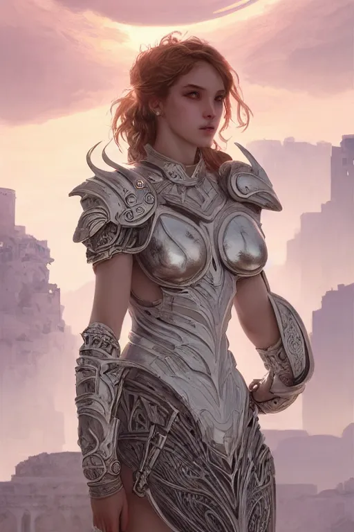 Image similar to portrait young knights of Zodiac girl, matt white color armor, in ruined Agora of Athens Sunrise, ssci-fi and fantasy, intricate and very beautiful and elegant, highly detailed, digital painting, artstation, concept art, smooth and sharp focus, illustration, art by tian zi and WLOP and alphonse mucha