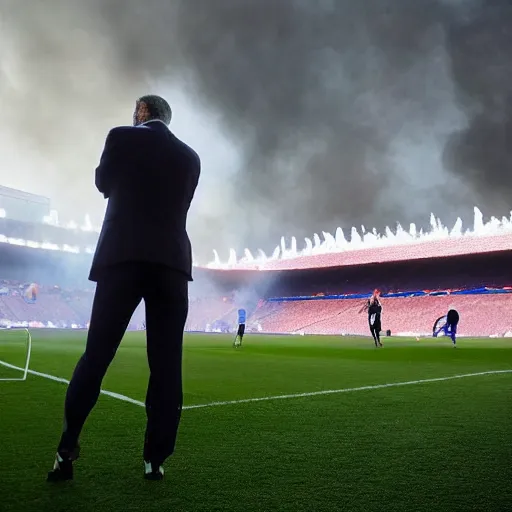 Image similar to high quality photograph, the camp nou burning in the distance, while florentino perez smokes a cigar next to the camera