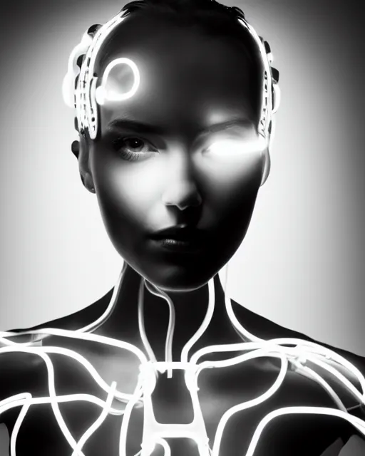 Image similar to black and white artistic photo, full figure, young female cyborg - vegetal, microchip, artificial intelligence, bio - mechanical bio - luminescence, black wired cables, cinematic, rim light, photo - realistic, 8 k