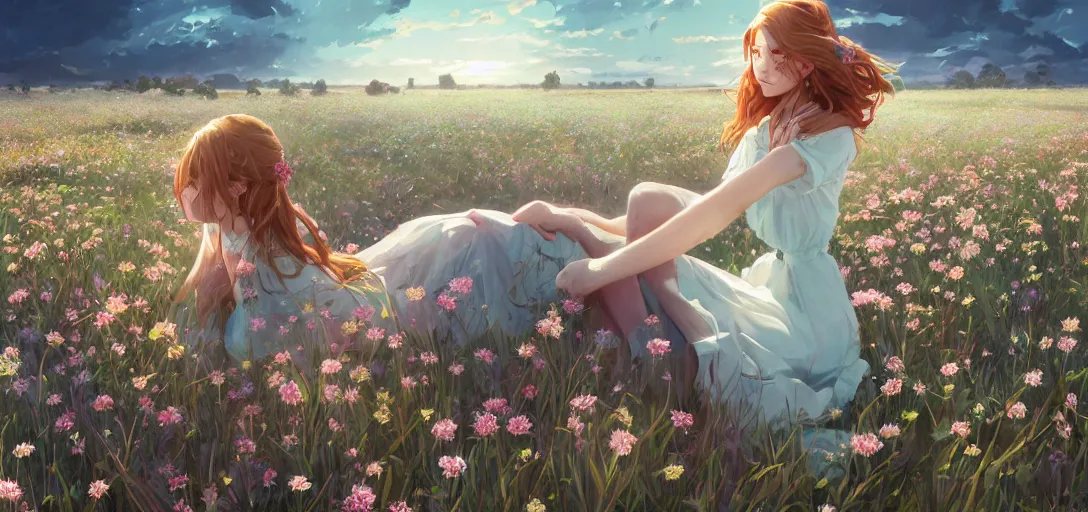 Image similar to a beautiful southern woman named Savannah, innocent, sad turquoise eyes, freckles, long ginger hair tied with white ribbon, relaxed in a field of flowers on a farm, gentle lighting, storm in the distance, somber, western clothing, dress, digital art by Makoto Shinkai ilya kuvshinov and Wojtek Fus, digital art, concept art,