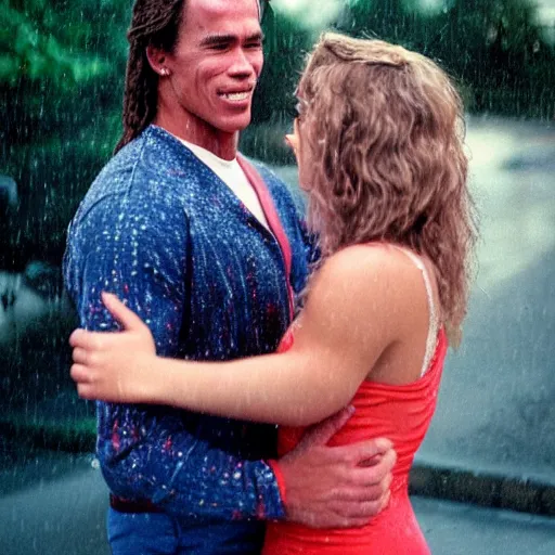 Image similar to portrait shot of young arnold schwarzenegger holding tight in love dancing in the rain with jennifer lawrence beautiful short dress, wet, 5 0 mm kodak, beautiful light, best lense 9 0 s romantic comedy, 4 k