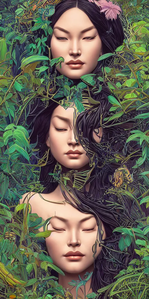 Prompt: a sculpture of mythical creatures by syd mead and audrey kawasaki, elegant and unusually large beautiful female face emerging from the jungle, intricate, elegant, highly detailed, digital painting by audrey kawasaki, artstation, concept art, ambient occlusion, vray render,