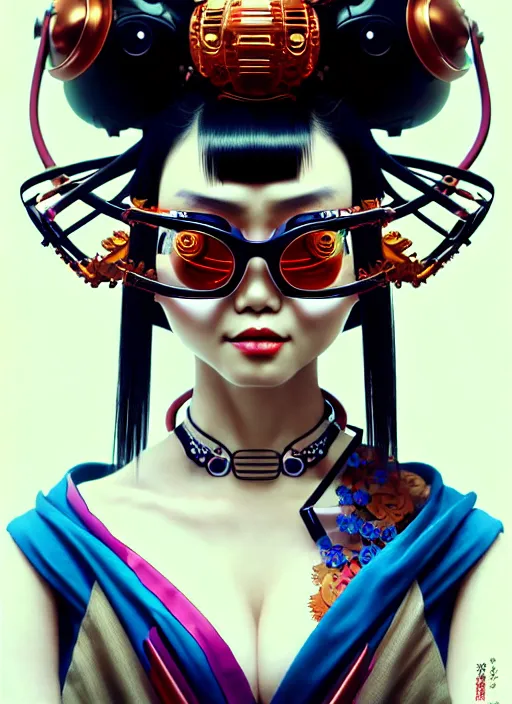 Prompt: sensual japanese geisha wearing vr eyewear, robotic, android, cyborg, cyberpunk face, steampunk, fantasy, intricate, elegant, highly detailed, colorful, vivid color, digital painting, artstation, concept art, art by artgerm and greg rutkowski and ruan jia,