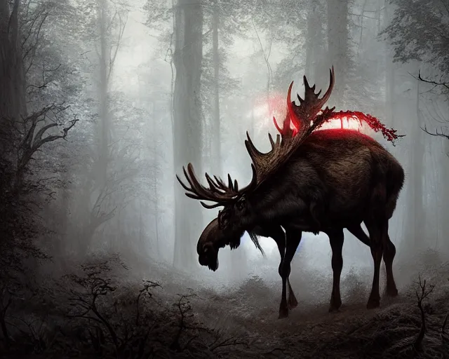 Image similar to 5 5 mm portrait photo of an armored demonic undead rotting moose with red eyes antlers and looking at the camera, in a magical forest. magical atmosphere. art by greg rutkowski and luis royo. highly detailed 8 k. intricate. lifelike. soft light. nikon d 8 5 0.