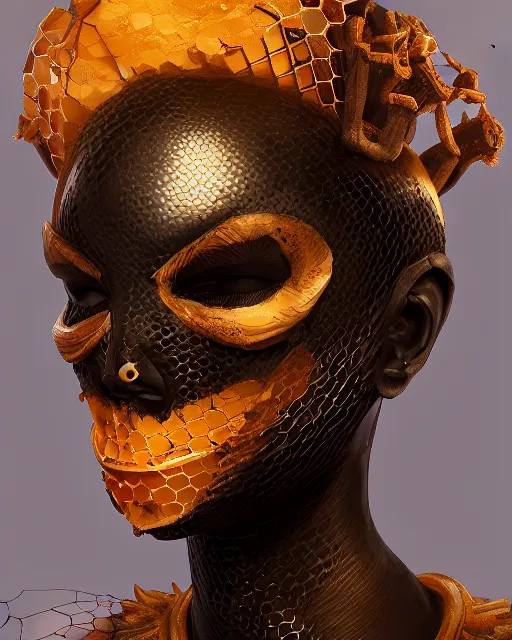 Prompt: headshot portrait of nightmare queen inspired by honeycomb beehives, detailed, textured, realistic, unreal engine, cgsociety, cinematic lighting, concept art