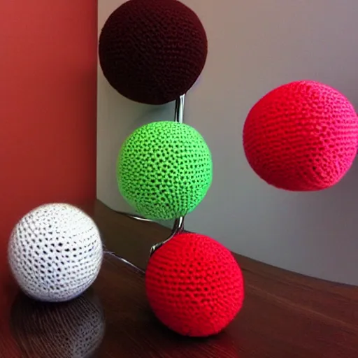 Prompt: chrome spheres on a red cube, crochet