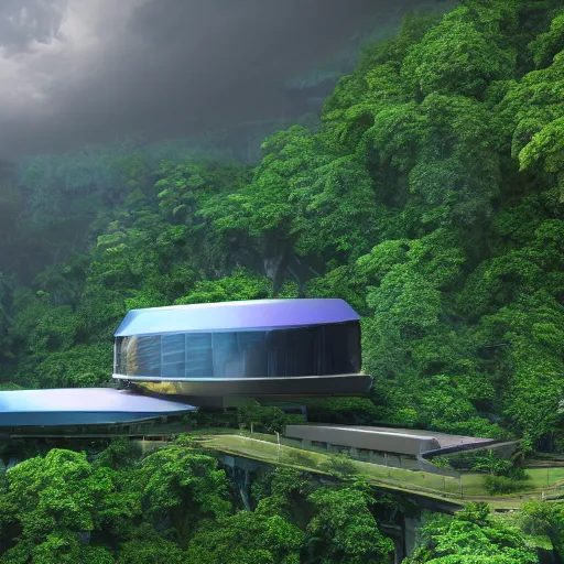 Image similar to extreme wide shot a futuristic containment building in a rainforest valley with a city in the distance, national geographic, hyper realistic, 4 k, harsh light