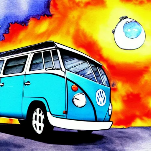 Image similar to a fisheye perspective caricature watercolor painting of a vw volkswagen bus, camper, bulli, type - 2, microbus, kombi, flying towards the camera, jumping at the viewer, dynamic action shot, fish eye lense, frontal, a dramatically erupting vulcano is seen in the background