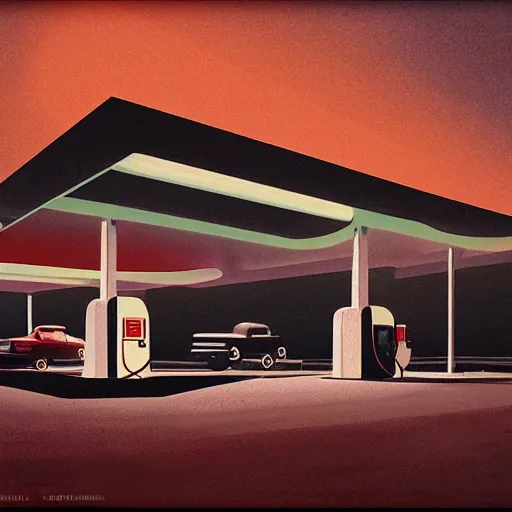 Prompt: a gas station at night by emiliano ponzi, george ault, bauhaus, retrofuturism, concept art, matte drawing