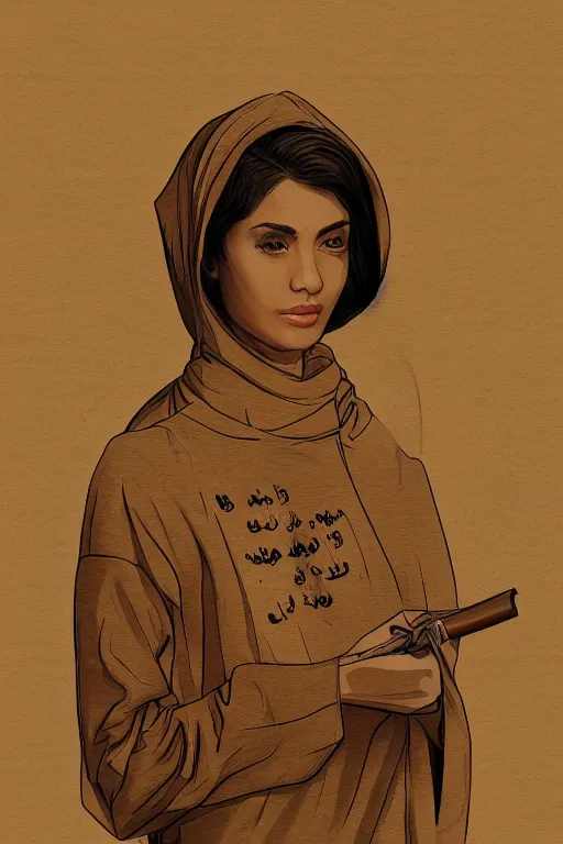 Image similar to short brown hair arab spanish shy young woman in beige hoodie, Diwani calligrapher using bamboo pen, cinematic lighting, hyper-detailed realistic, rule of thirds