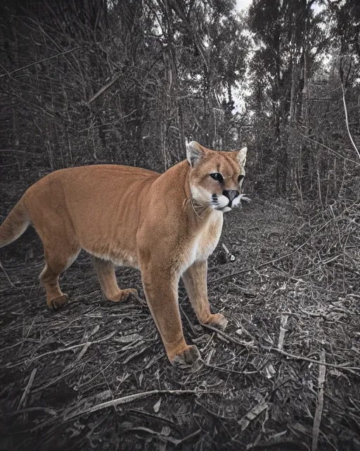 Image similar to cougar in forest at night, night vision goggles, shot from drone, grainy