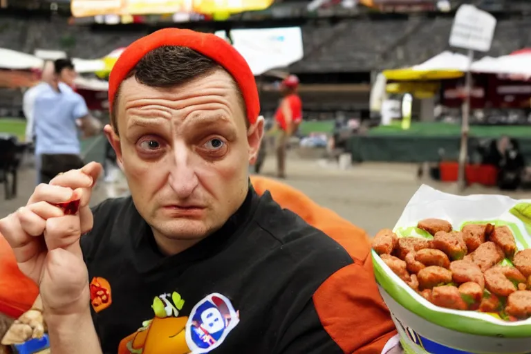 Image similar to Tim Robinson dejectedly contemplating a hotdog bowl, it's like a burrito bowl but with little bits of chopped up hotdog in it, thousand yard stare