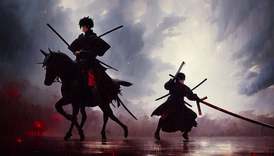 Image similar to baroque oil painting of key visual samurai war, rain, storm, fake detail, trending pixiv fanbox, acrylic palette knife, style of makoto shinkai takashi takeuchi yoshiyuki sadamoto greg rutkowski chiho aoshima, artstation