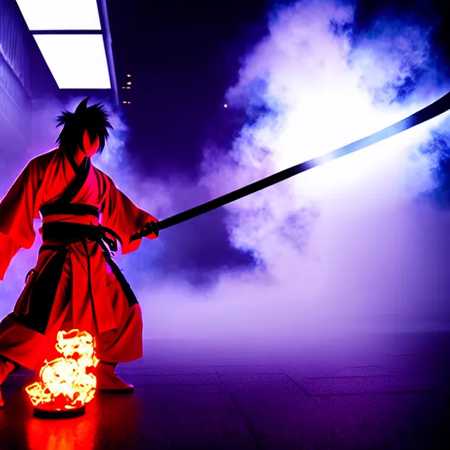 Image similar to cyber samurai fire dance slashing sword atomic, detailed bushido form smoke, fighting stance atomic energy, shibuya prefecture, cinematic neon uplighting, fog mist smoke, photorealistic, night photography by tomino - sama