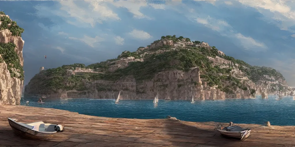 Image similar to looking out from a small dinghy on the water, low angle from water pov, wide angle, sunset, a mediterranean phoenician fishing village in the distance, over a chalk cliff, highly detailed, digital painting, artstation, concept art, sharp focus, illustration, art by artgerm and greg rutkowski and raphael lacoste and magali villeneuve