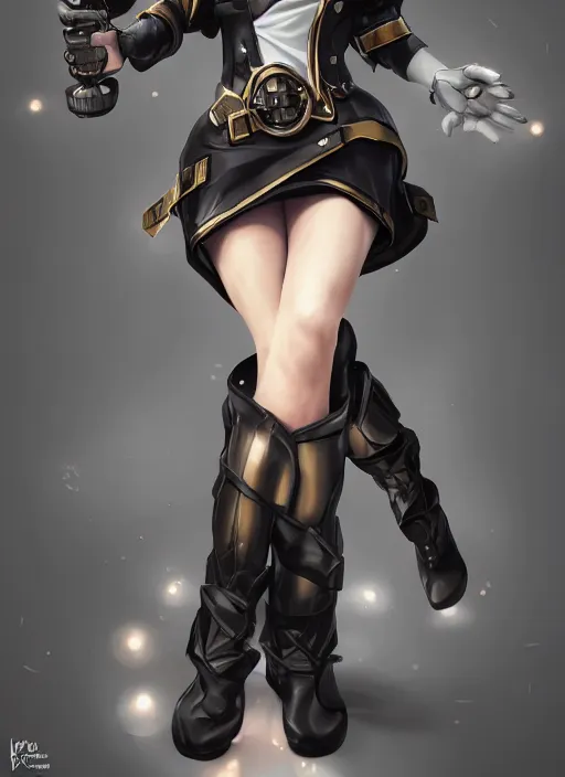 Image similar to caitlyn from league of legends, wearing black dress police hat, pearl skirt, hyper detailed, digital art, trending in artstation, cinematic lighting, studio quality, smooth render, unreal engine 5 rendered, octane rendered, art style by klimt and nixeu and ian sprigger and wlop and krenz cushart